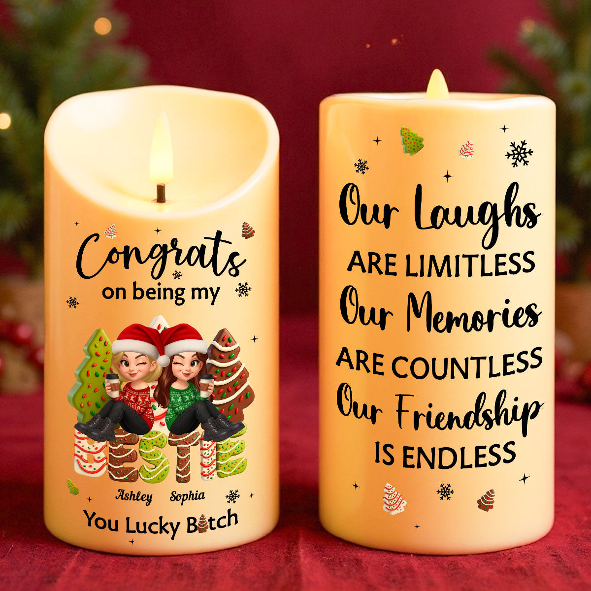 Congrats On Being My Besties Sisters Christmas Tree Cake Personalized LED Candle, Christmas gift for Besties Sisters