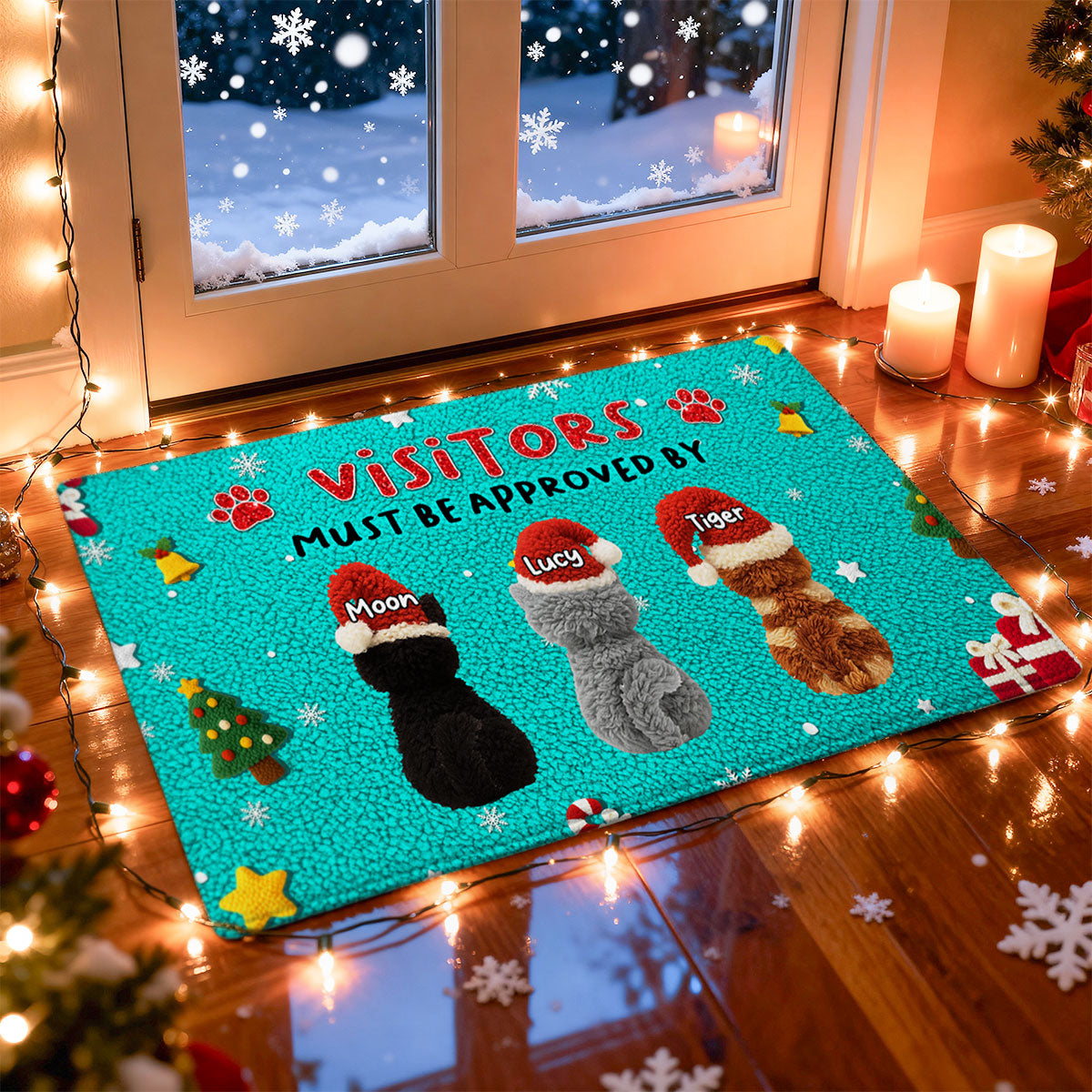 Visitors Must be Approved by Cats - Personalized Doormat - Funny Cats Latch Hook Yarn Faux - Christmas Decor for Pet Lovers
