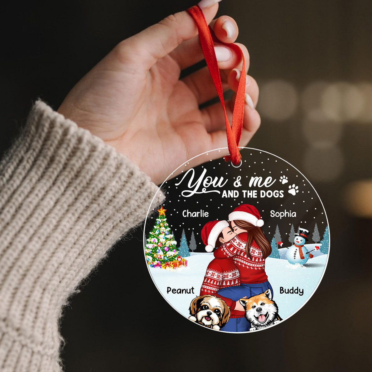 Couple And The Dogs In Winter Night Personalized Acrylic Ornament, Christmas Gift For Him, For Her, Gift For Pet Lovers
