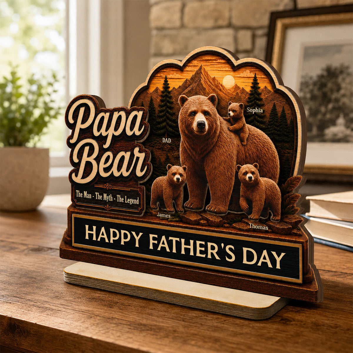 Papa Bear The Man The Myth The Legend 2D Flat - Personalized 2-Layered Wooden Plaque - Father's Day Gift For Husband, Dad