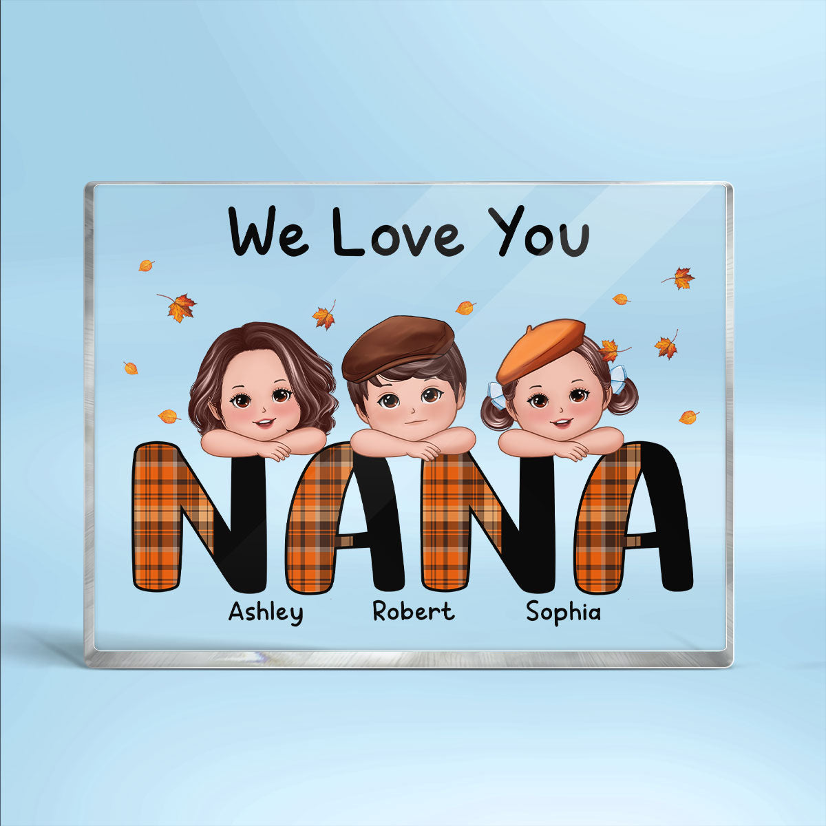 We Love You Grandma Mom Plaid Pattern Kids On Hand Fall Season Personalized Horizontal Rectangle Acrylic Plaque Block