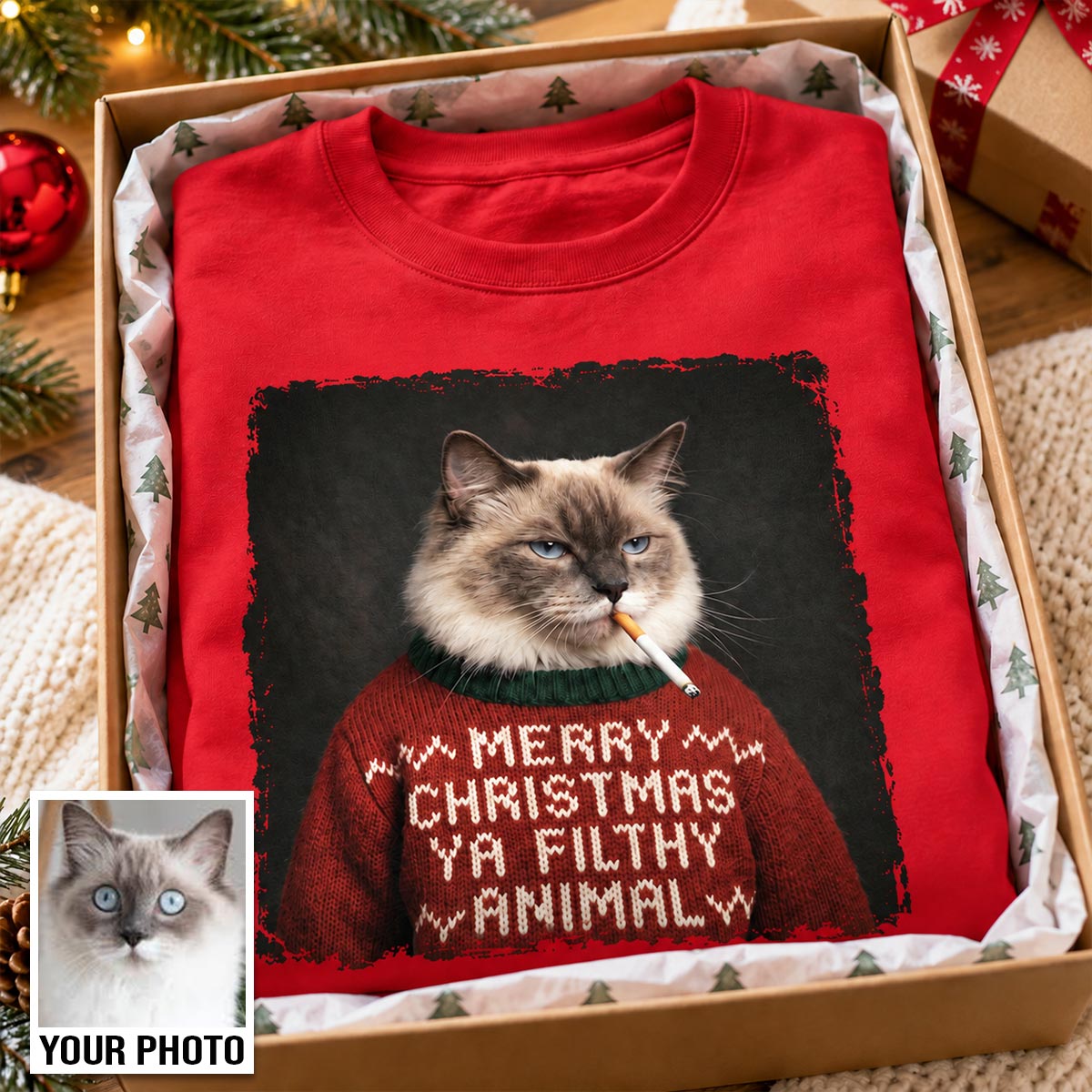 Funny Christmas Smoking Cat Upload Pet Photo - Personalized Shirt - Sarcastic Holiday Meme Tee, Cool Cat Lover Gift, Vintage Grunge Xmas Cat Gift, Ironic Pet Shirt