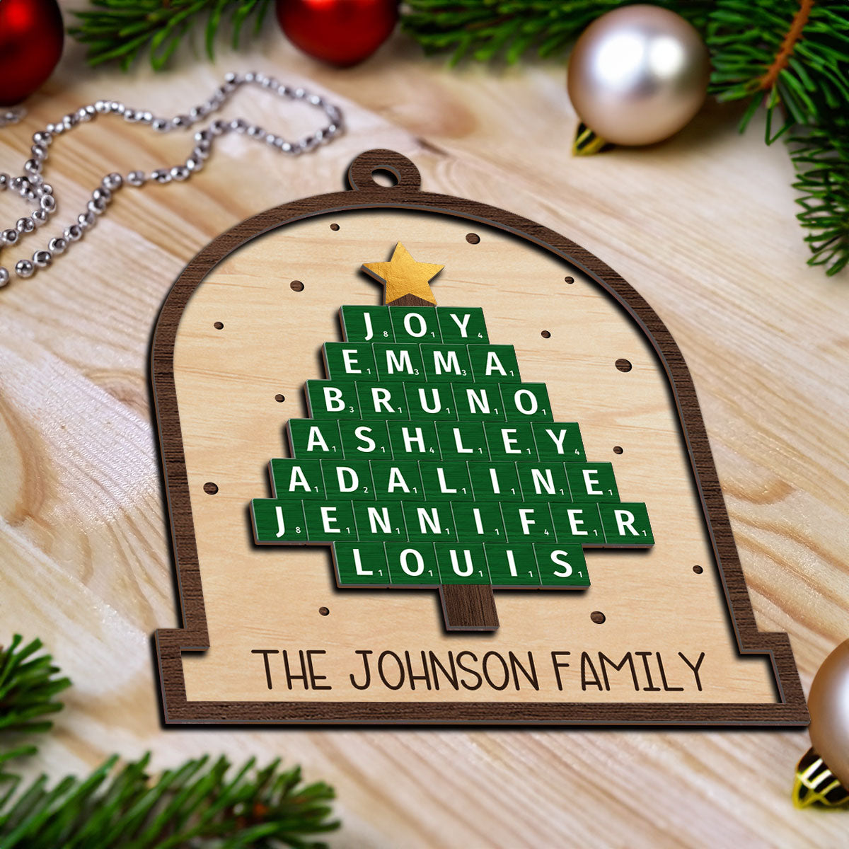 Family Christmas Tree Word Art Unique Christmas Decor Personalized 2-Layer Wooden Ornament