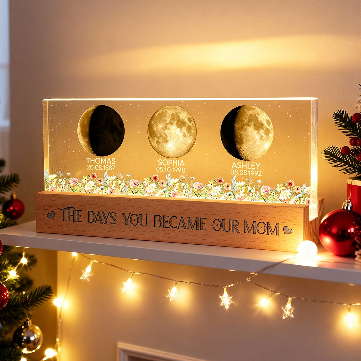 Floral Custom Birth Moon Phase The Day You Become Our Mom - Personalized Acrylic Block LED Night Light - Heartfelt Gift For Mom