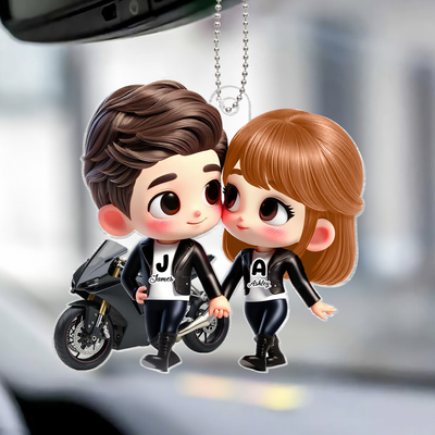 3D Effect Cute Cartoon Motorcycle Couple Personalized Acrylic Car Hanger, Anniversary &  Gift for him, Gift for her