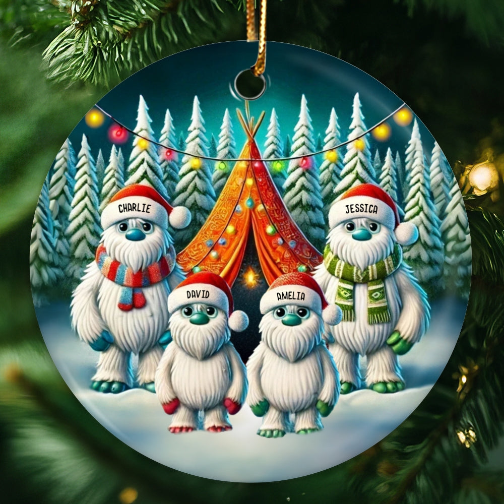Bigfoot Family Camping Ceramic Ornament, 2024 Funny Whimsical Family Ornament, Christmas Ornament For Camping Family, For Campers