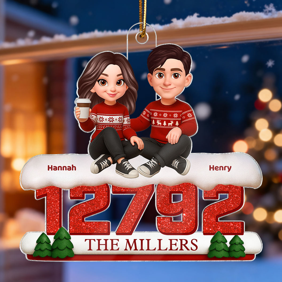 3D Effect Cartoon Family Sitting On Snow Zip Code - Personalized Acrylic Ornament