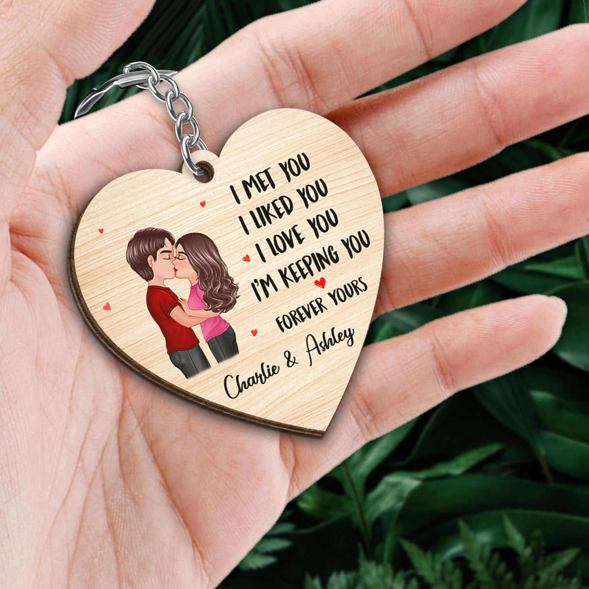 Doll Couple Kissing I Met You Gift For Him For Her Personalized Wooden Keychain
