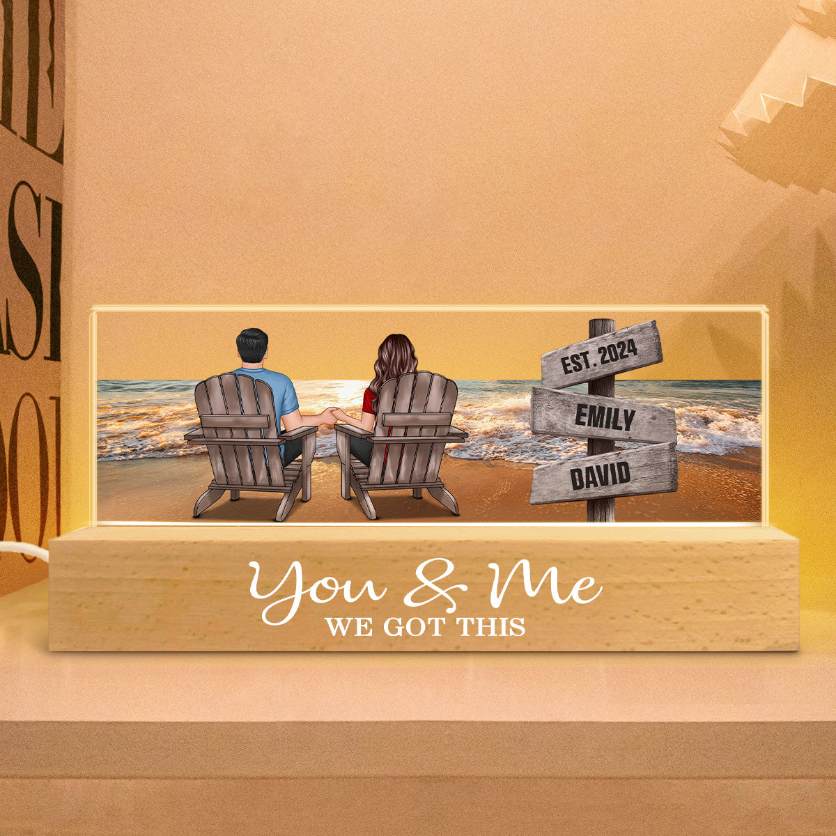 Romantic Beach Landscape Couple Sitting Holding Hands Sign Posts Personalized Acrylic Block LED Night Light, Heartfelt Gift For Couple, For Him, For Her, Boyfriend, Girlfriend, Husband, Wife
