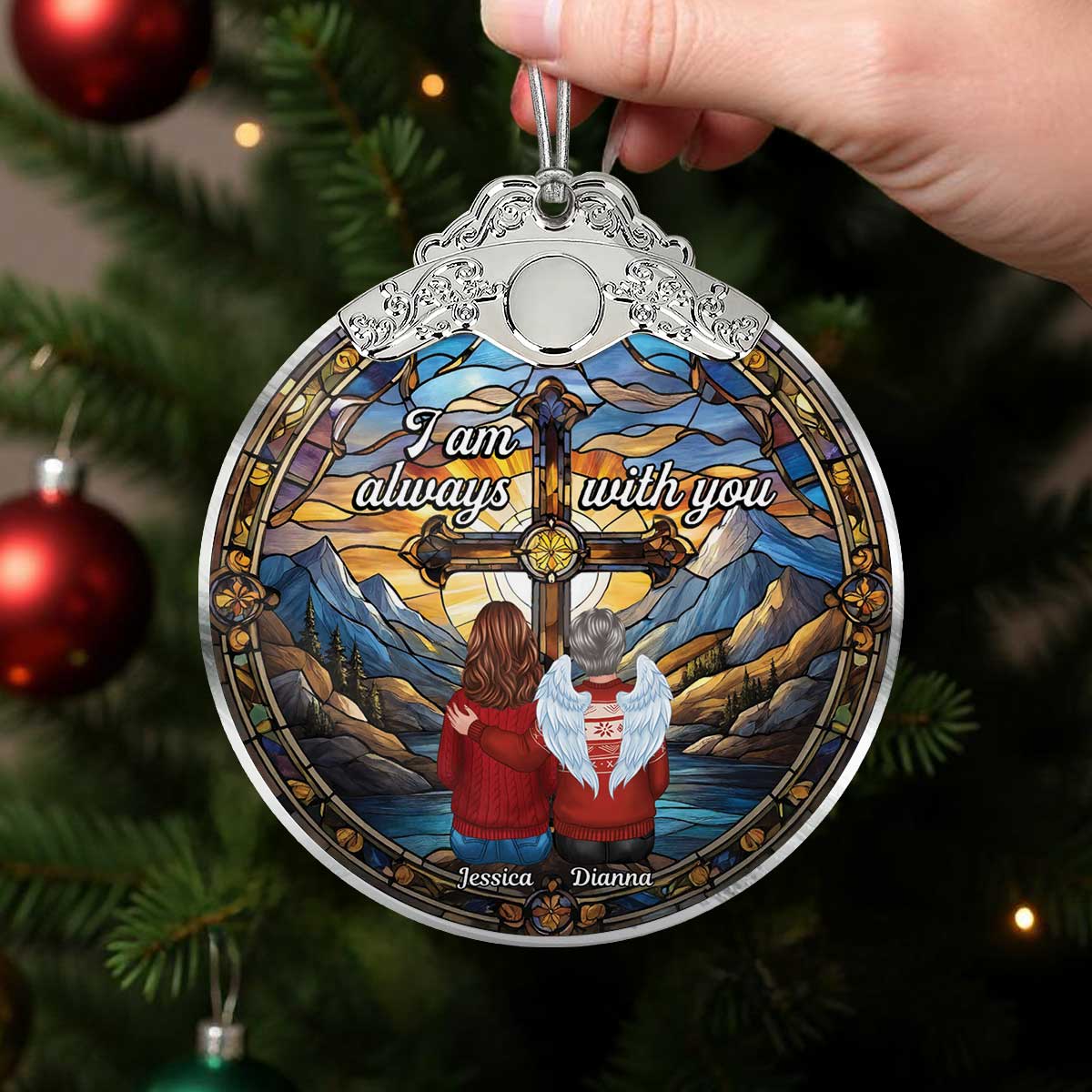 Always With You Holy Cross Stained Glass Effect - Personalized Glass Ornament With Silver Cap - Christmas Memorial Keepsake For Family