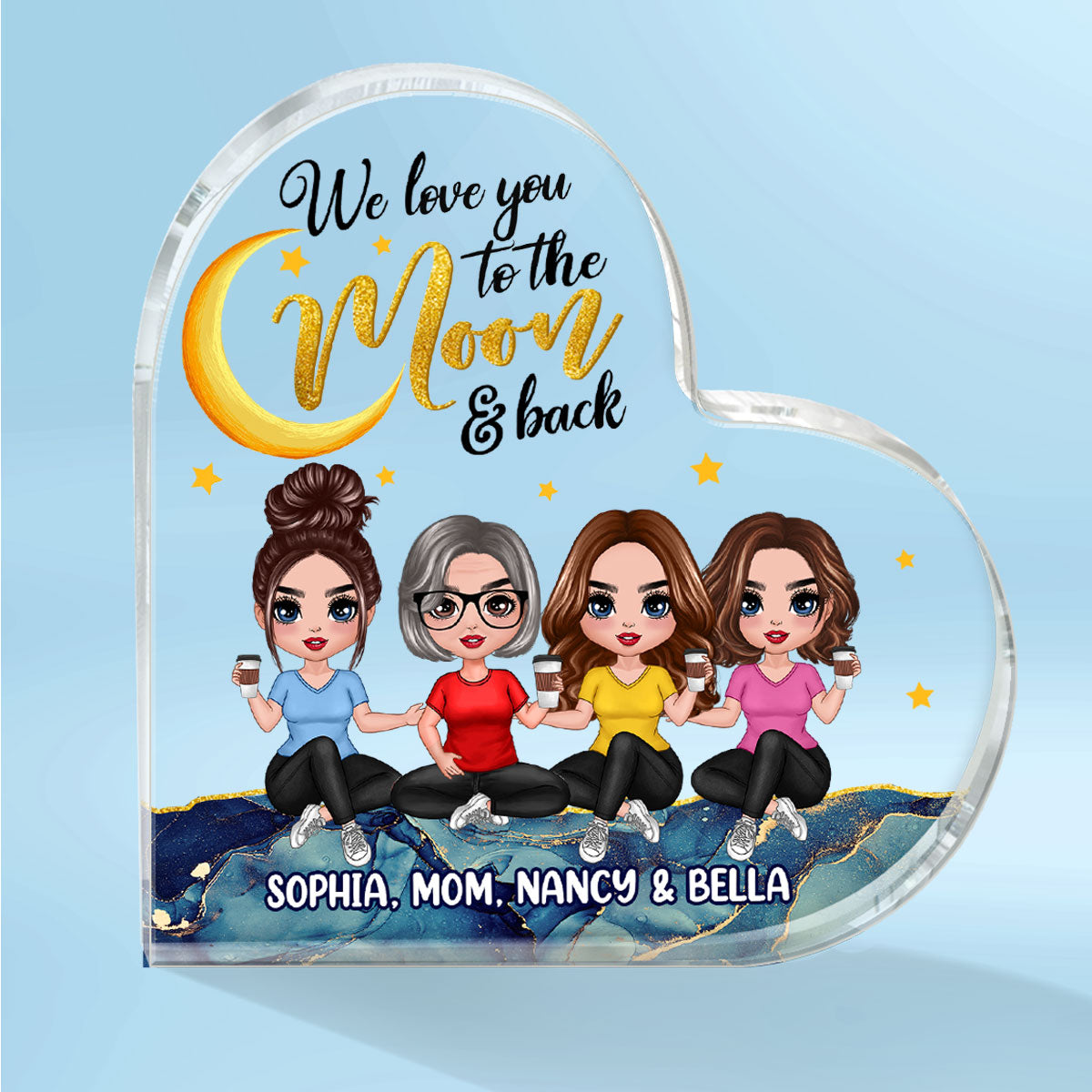 To The Moon Doll Mom And Sons Daughters Blue Wave Personalized Acrylic Heart Plaque