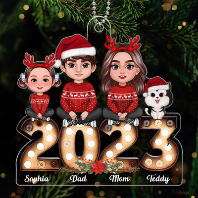 Family Sitting On Marquee 2023 Christmas Gifts Personalized Acrylic Ornament