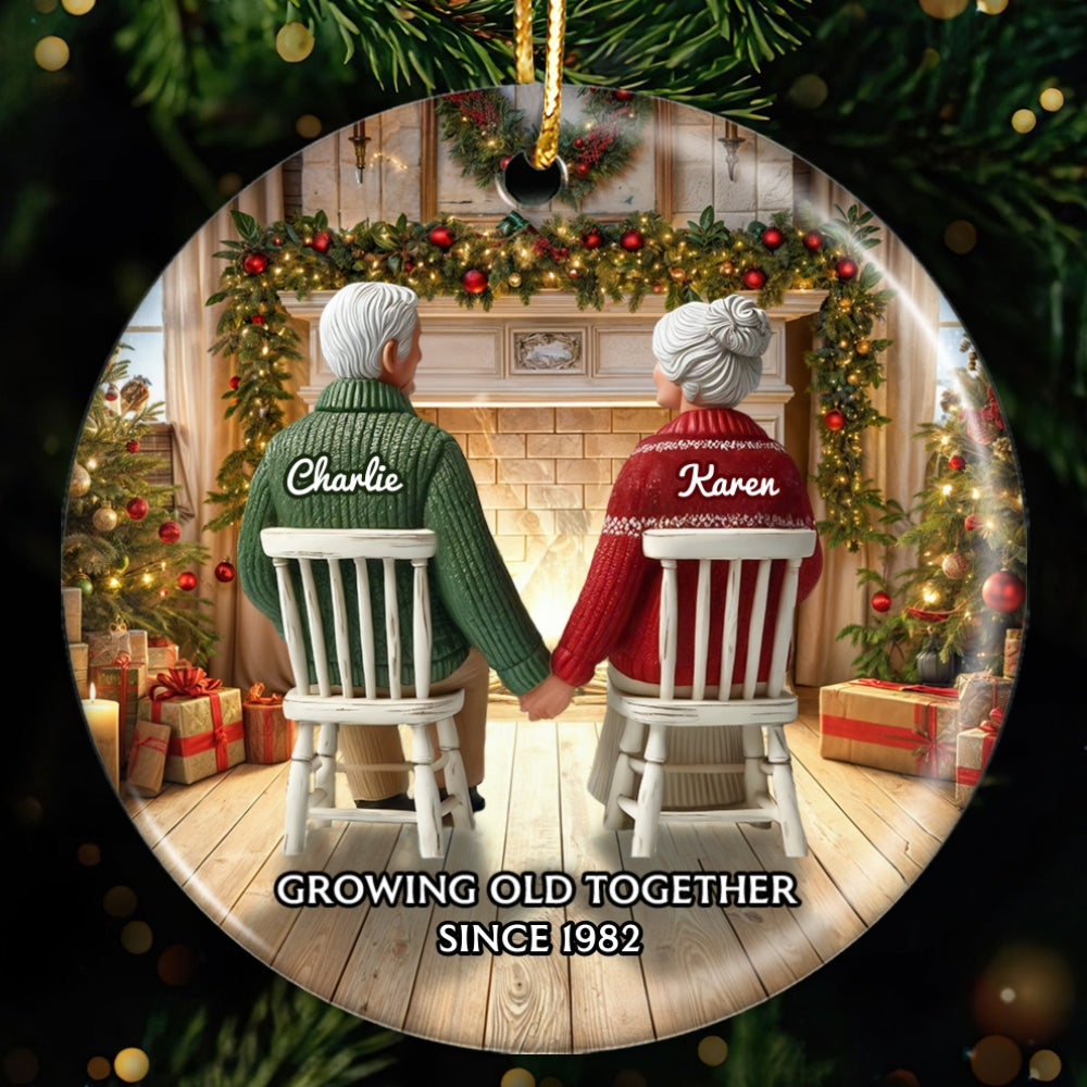 Back View Old Couple Growing Old Together Christmas Personalized Ceramic Ornament, Christmas Gift For Him, For Her, Husband, Wife