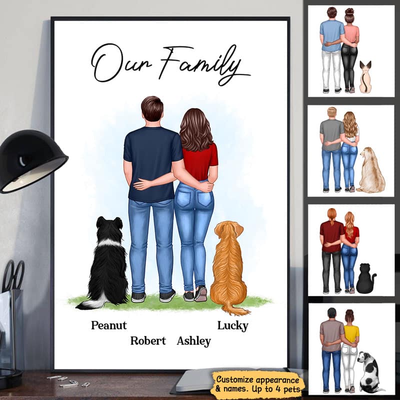 Couple And Dog Cat Back View Personalized Vertical Poster