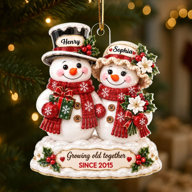 Snowman Couple Growing Old Together - Personalized Acrylic Ornament - Christmas Keepsake Gift for Her, Gift for Him