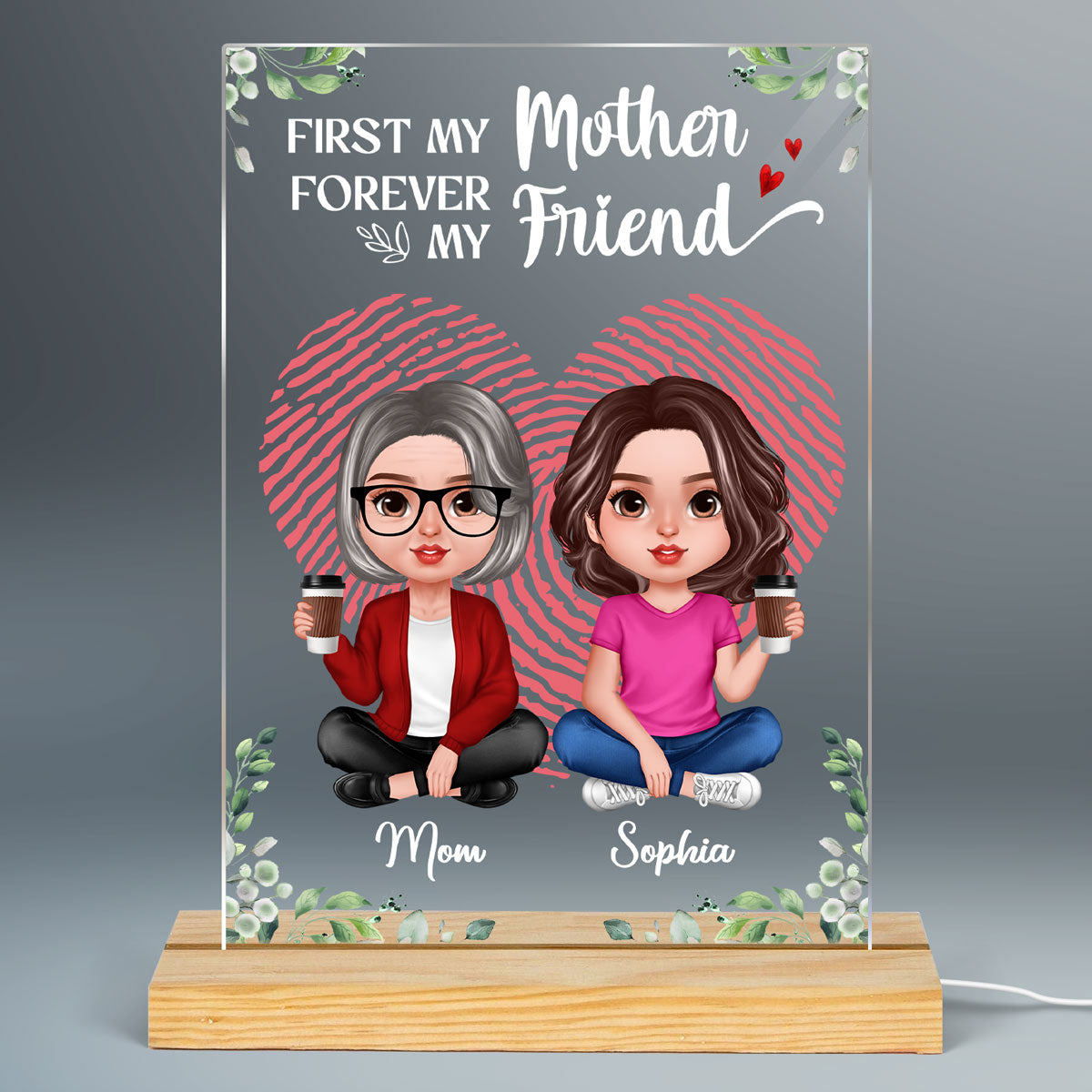 First Mother Forever Friends Fingerprint Heart Personalized Acrylic LED Night Light