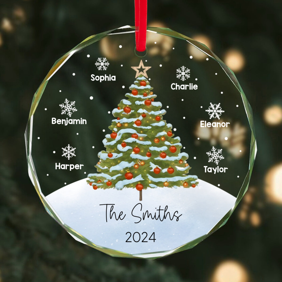 Watercolor Christmas Tree Family Names Personalized Glass Ornament
