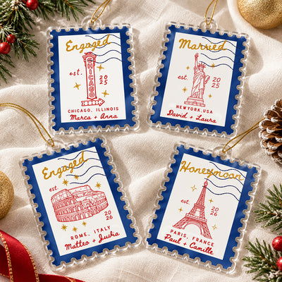 Couple Milestone Postage Stamp - Personalized Acrylic Ornament – Custom City Landmark Keepsake Gift
