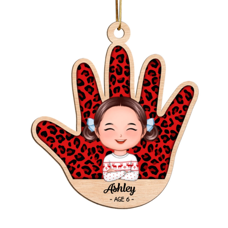 Kid Handprint Colorful Checkered Personalized Wooden Ornament