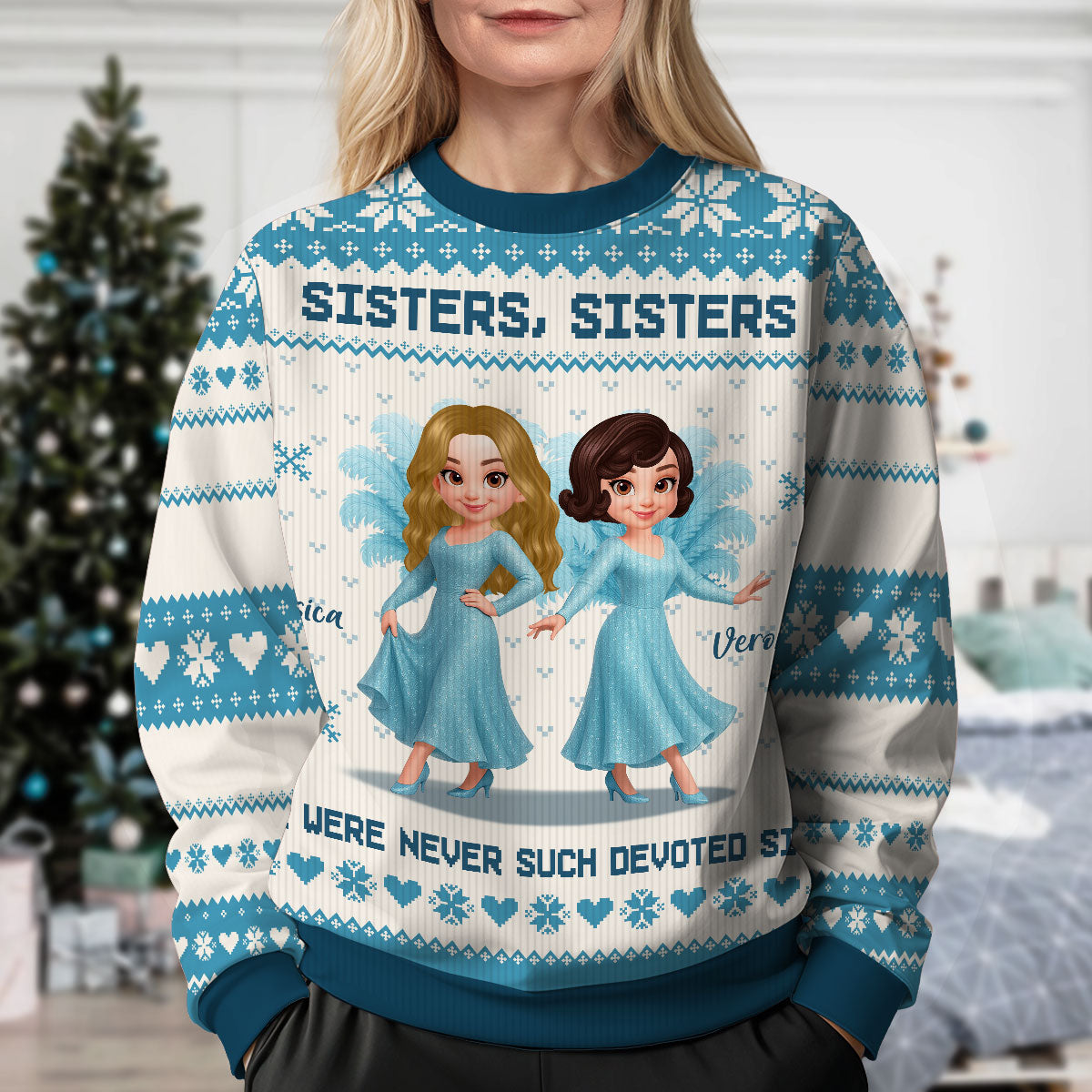 Sisters Sisters Besties in Blue Dresses Personalized Faux Knitting Ugly Sweater, Christmas Matching Costume For Sisters, Best Friends