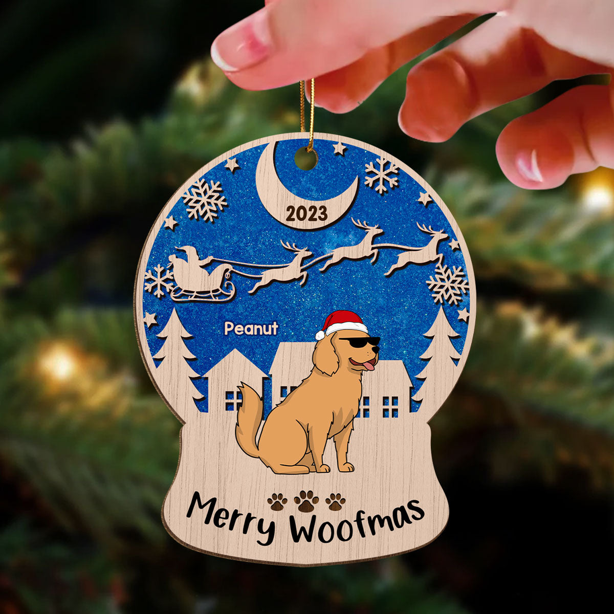Merry Woofmas Blue Galaxy Sky Night Funny Cartoon Dogs Personalized Wooden Ornament