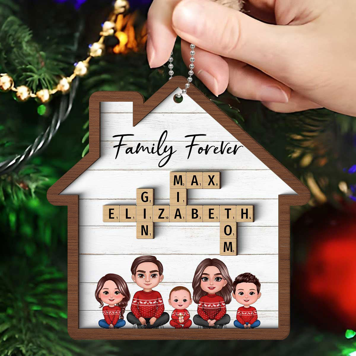 Family Sitting Together Crossword Puzzle Art Personalized House Shaped 2-Layer Wooden Ornament