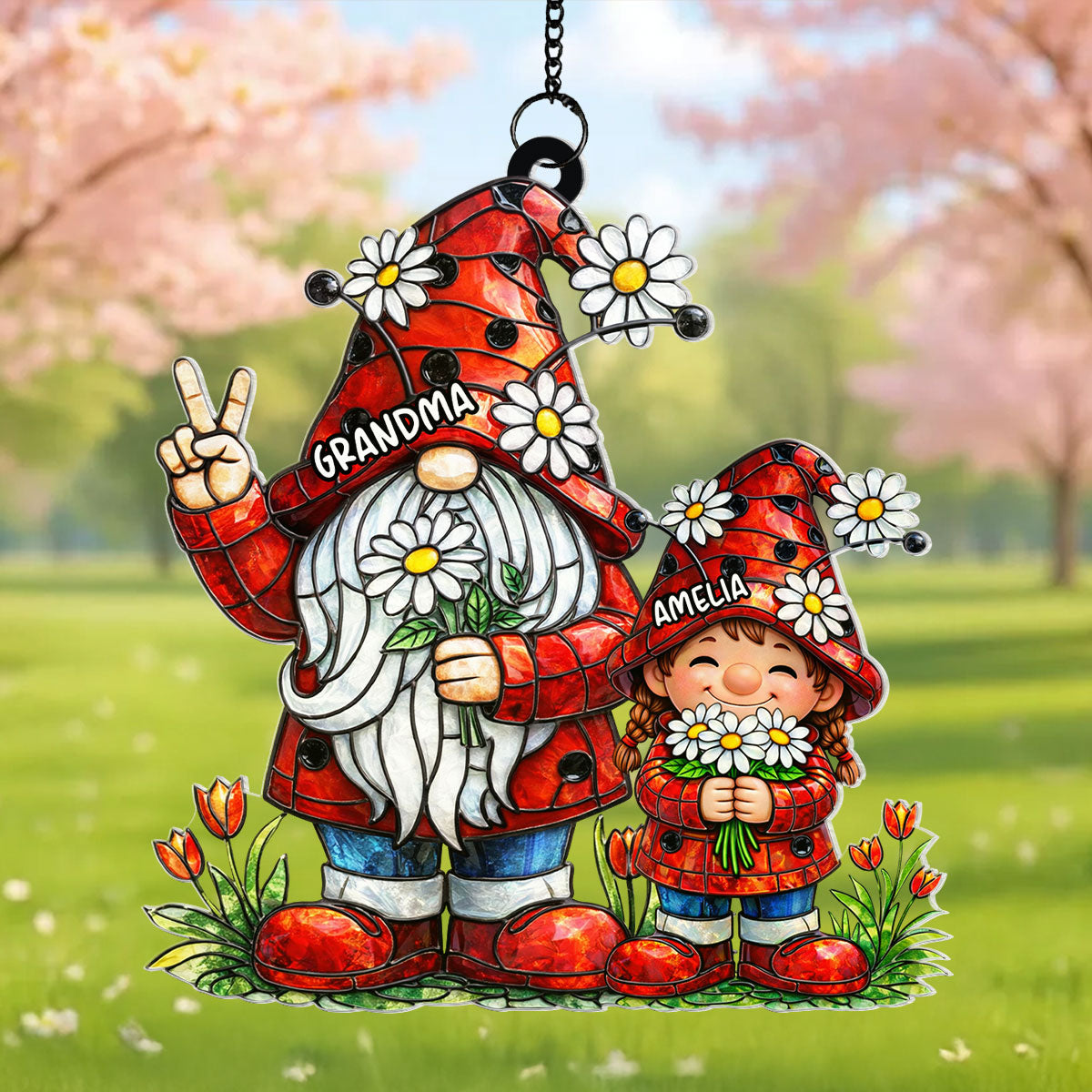 Grandma Grandkids Gnome Daisy Flowers - Personalized Suncatcher - Gift For Grandma