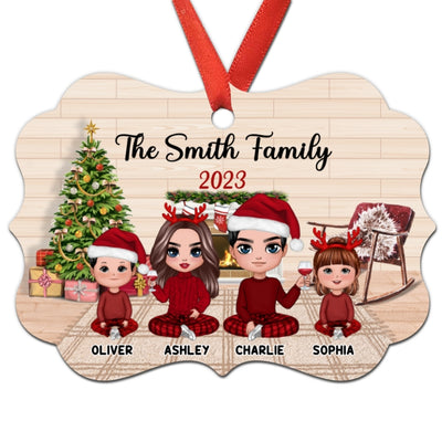 Doll Styles Family Dad Mom Kids Sitting In House Personalized Christmas Ornament