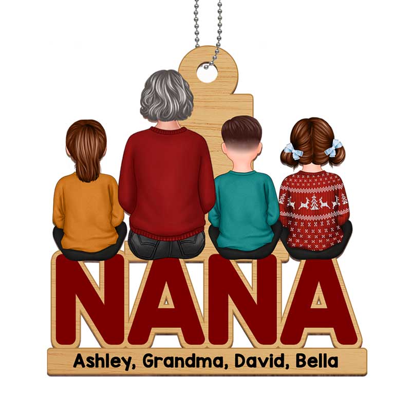 Grandma & Grandkids Back View Sitting 2026 Personalized Wooden Ornament