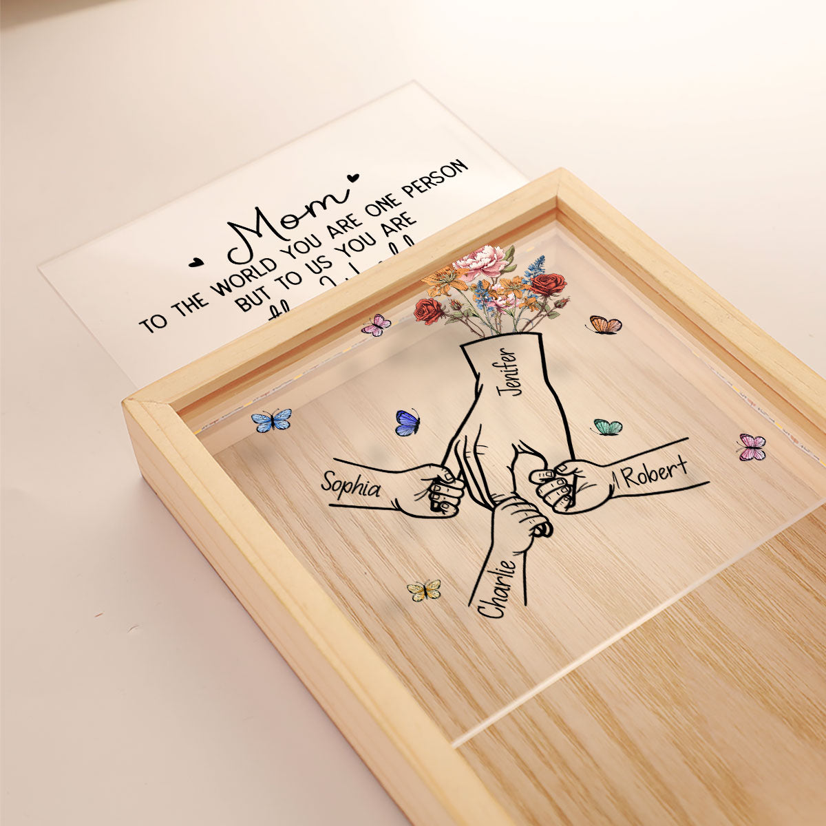 Kids Holding Mom‘s Hand Vintage Birth Month Flowers Gift For Mom Personalized Wooden Frame Light Box