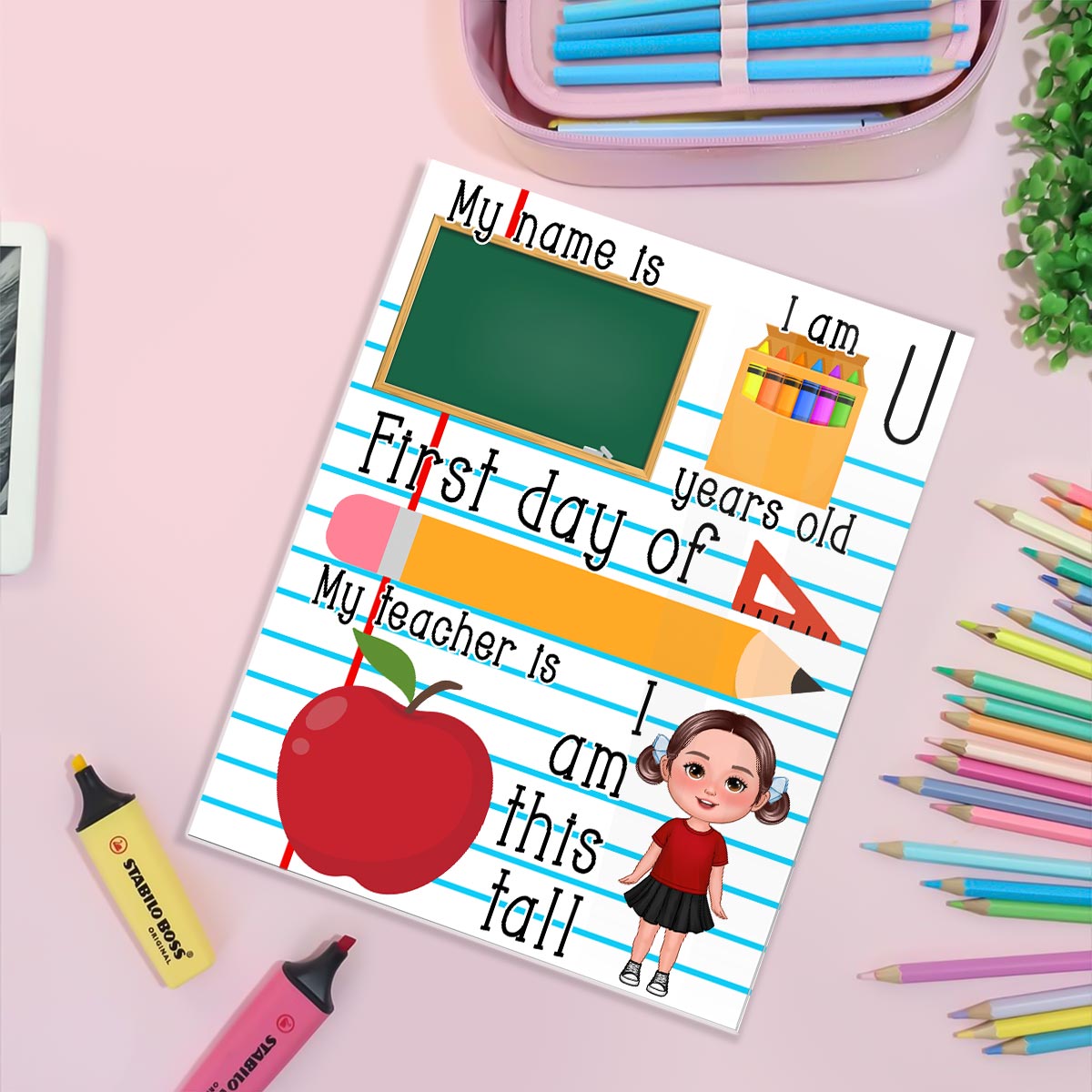 Doll Kid Standing Personalized Reusable First Day of School Sign