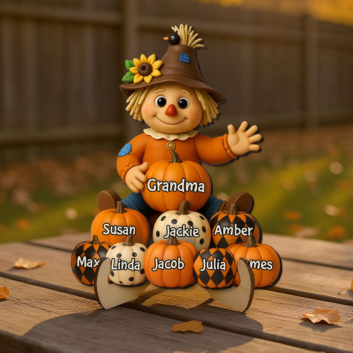 Fall Season Grandma Scarecrow Grandkids Pumpkins 3D Effect Personalized 2-Layer Wooden Plaque