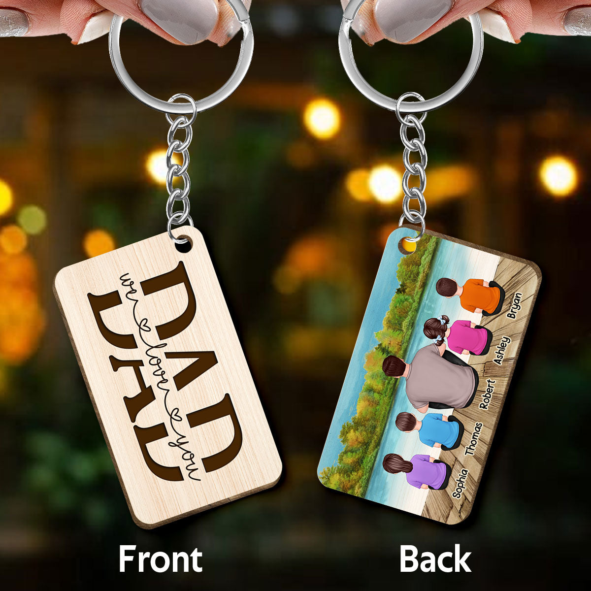 Best Dad Ever Back View Man Kids Dog Cat Sitting Landscape Background Personalized Wooden Keychain