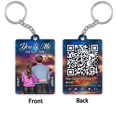 Couple Hugging Back View In Galaxy Favorite Song QR Code Personalized Acrylic Keychain