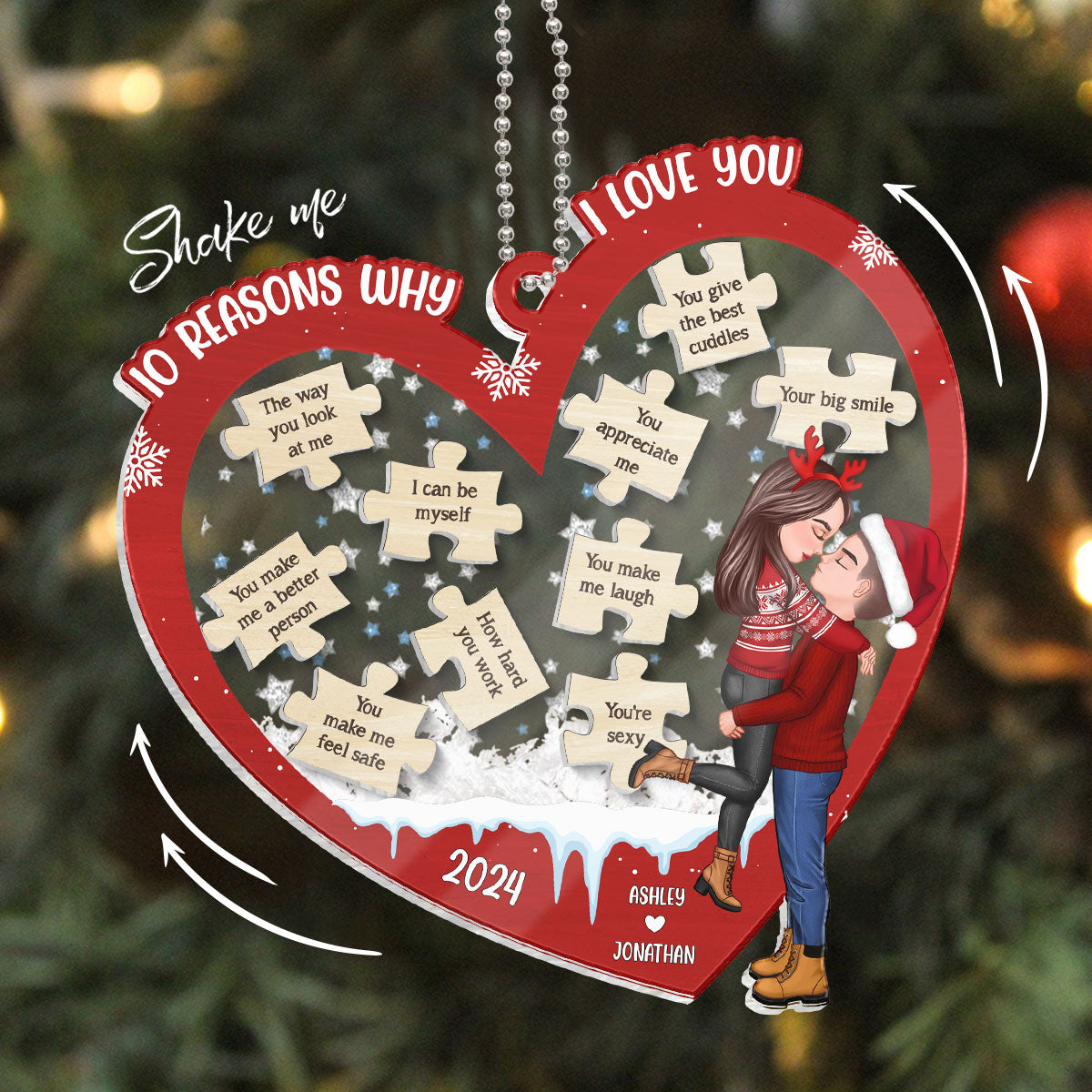 Reasons Why I Love You Christmas Couple Hugging Kissing Personalized Shaker Ornament, Christmas Gift For Her, For Him