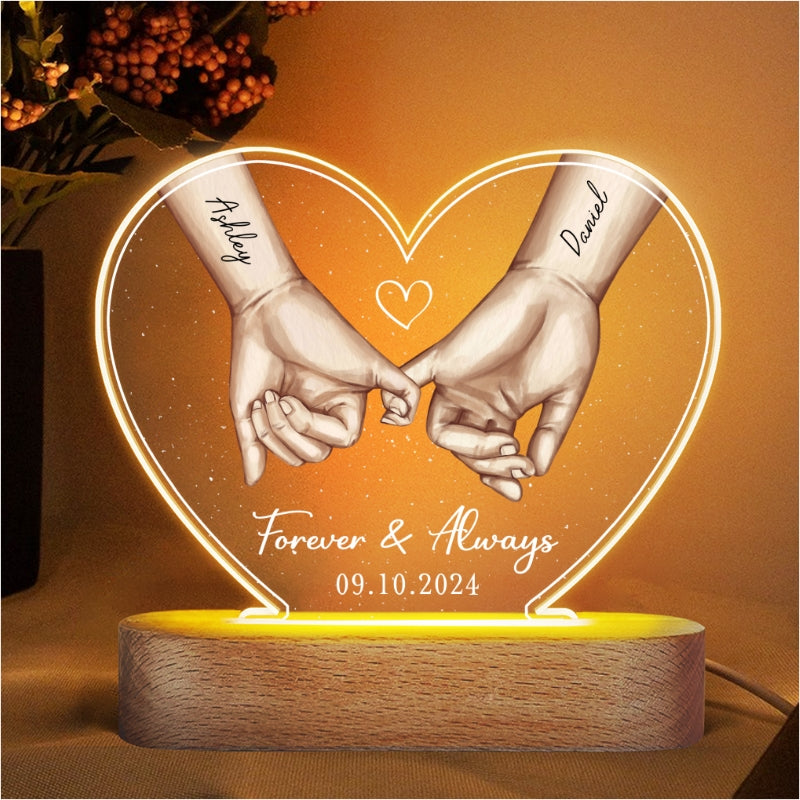 Personalized Couple Hands Pinky Promise Acrylic Heart LED Night Light,  gift, Anniversary Gift for Couples