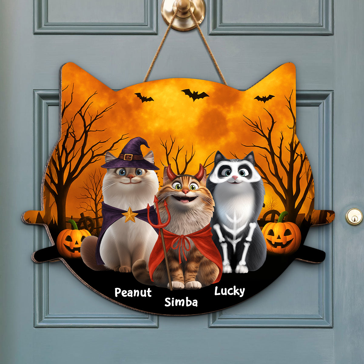 Halloween Cat Face Shaped Personalized Wooden Door Sign, Halloween Decor for Cat Lovers, Cat Moms, Cat Dads