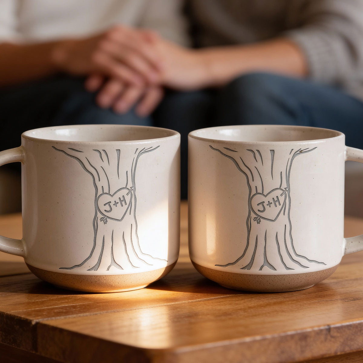 Couple Name Initials Engraved In A Heart Tree - Personalized Pottery Mug - Valentine's Day, Anniversary, Engagement Gift