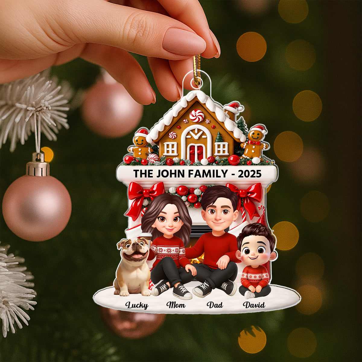 Family Sitting by the Fireplace Personalized Acrylic Ornament - Christmas Gift for Mom, Dad, Children