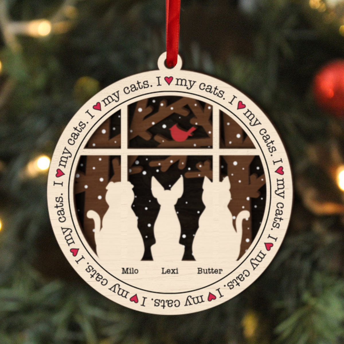 I Love My Cats Winter Windows Personalized 3-Layer Wooden Ornament, Christmas Gift for Cat Lovers