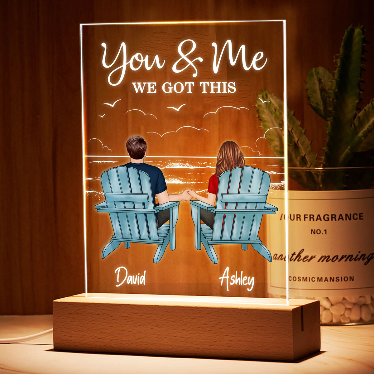 Beach Landscape Back View Couple Sitting On Chairs  Anniversary Gift For Him Gift For Her Personalized Rectangle Acrylic Plaque LED Lamp Night Light