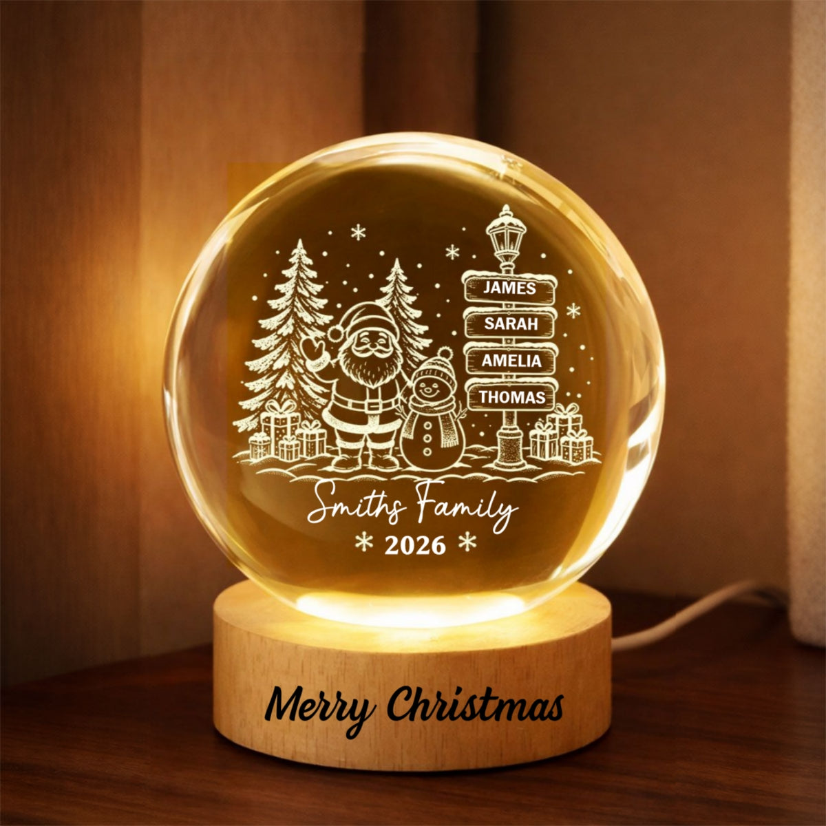 Family Name Sign Post - Personalized Crystal Ball LED Night Light - Christmas Decor for Family