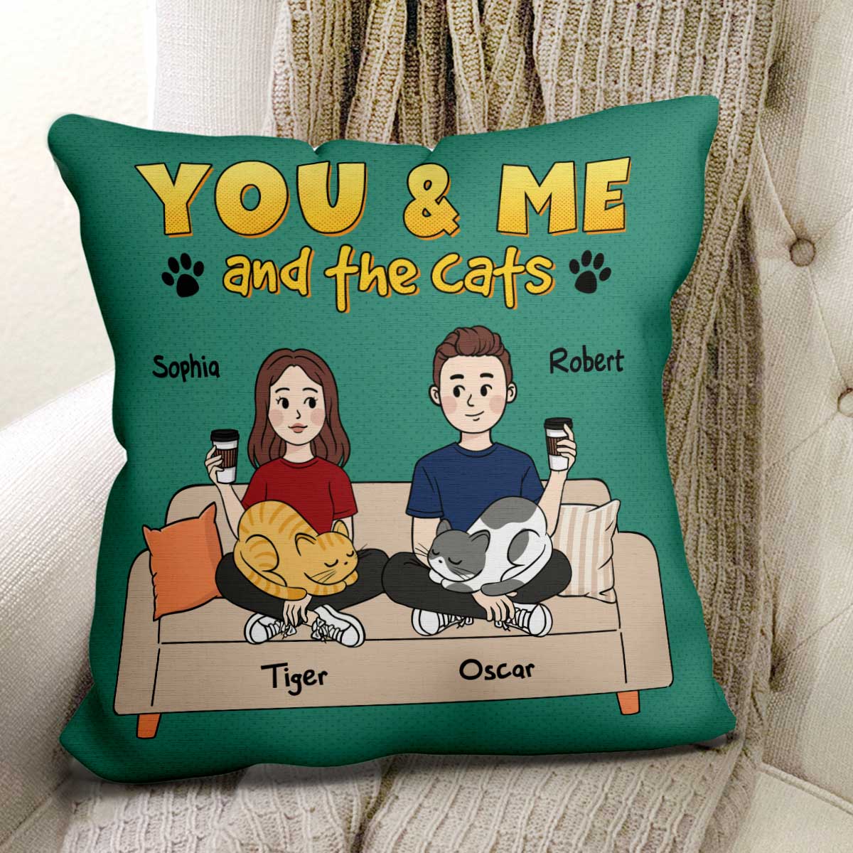 Cartoon Couple And Cats Cat Mom Cat Dad Personalized Pillow