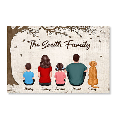 Whole Back View Family Grandma Grandpa Dad Mom Kids Dogs Cats Sitting Under Tree Personalized Horizontal Poster