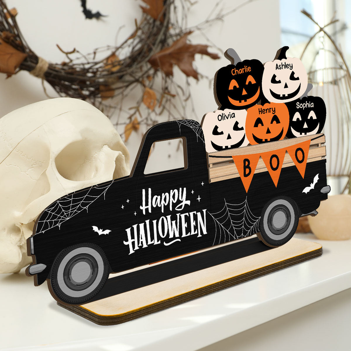 Halloween Pumpkin Truck Trick Or Treat Personalized 2-Layer Standing Wooden Plaque, Halloween Decoration, Tiered Tray Decor