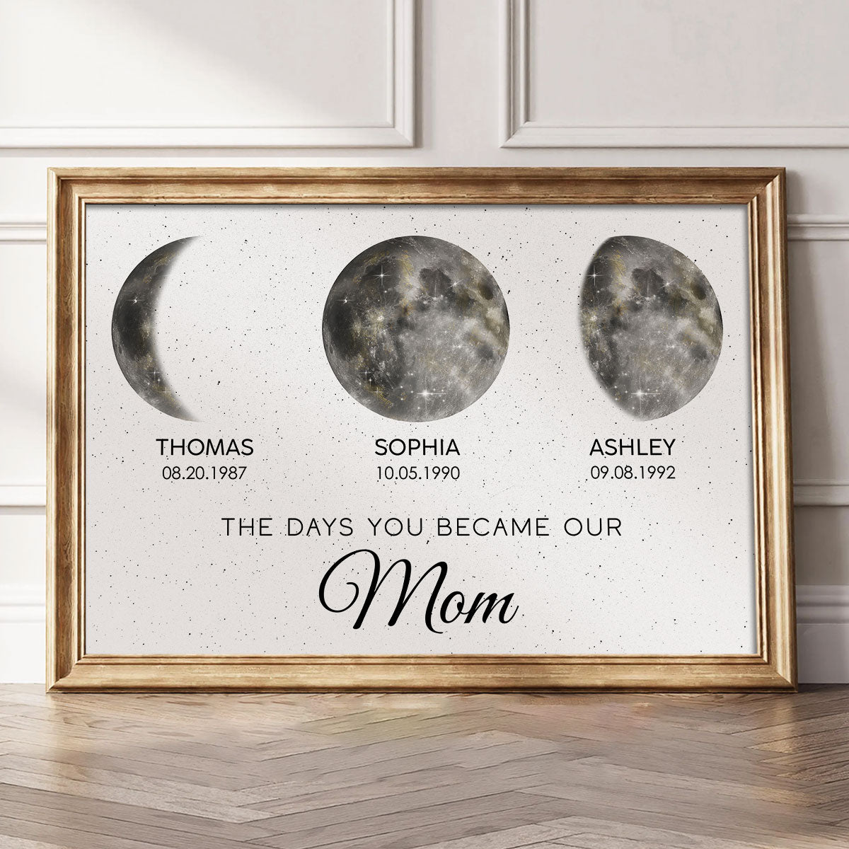 The Day You Became Mom Custom Birth Moon Phase Golden Dust Personalized Poster | A Heartfelt Gift for Mom’s Birthday, Mother’s Day, or Just Because