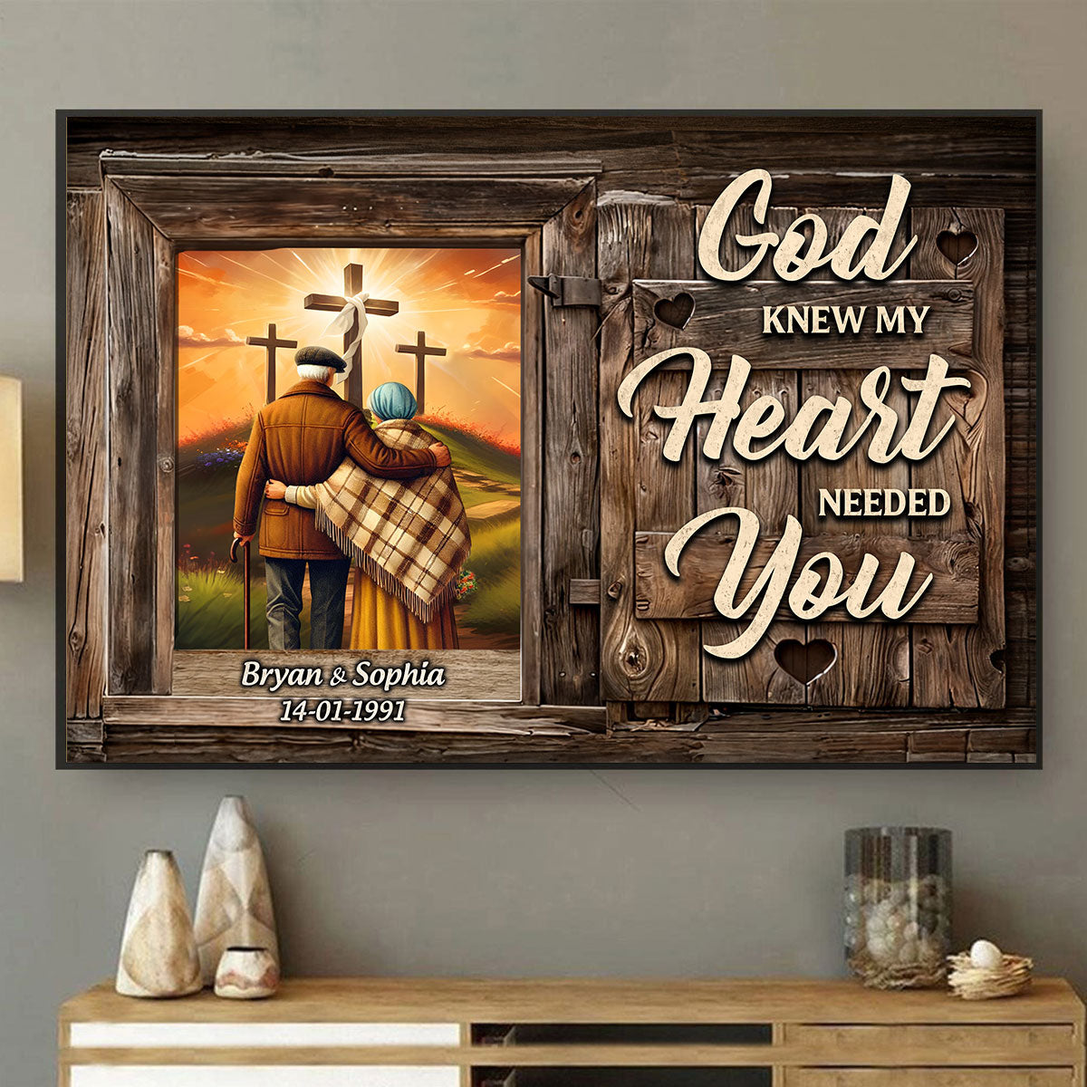 Cross God Knew My Heart Needed You Old Couple Walking Hugging Personalized Poster, Anniversary  Gift For Him, Her, Husband, Wife