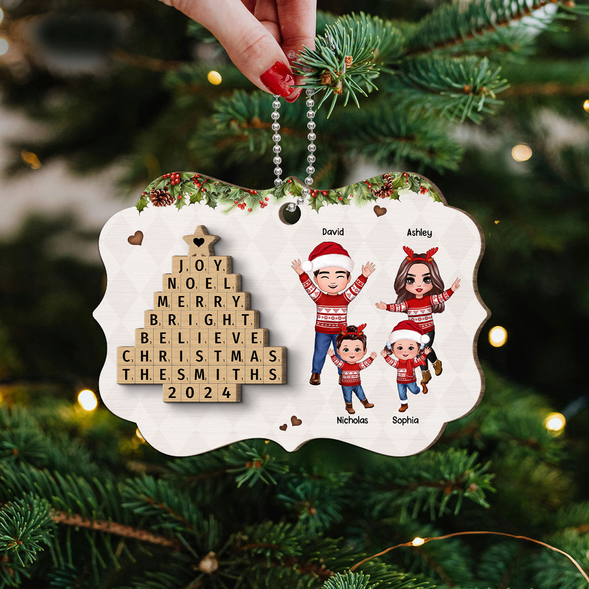 Happy Family By Word Art Christmas Tree Personalized 2-Layer Wooden Ornament