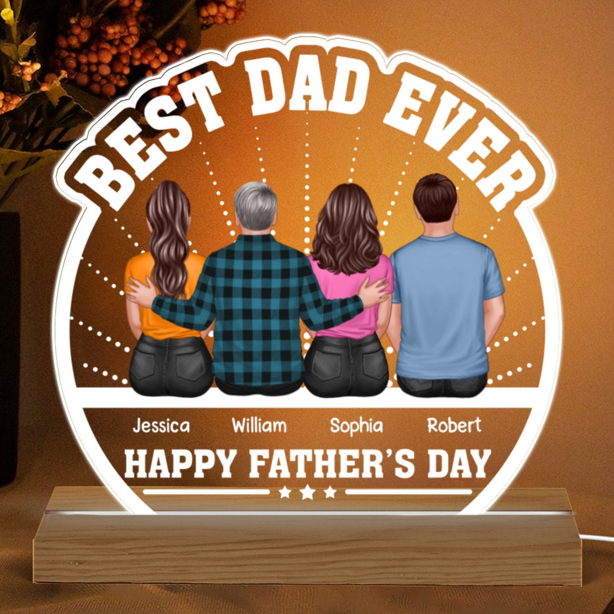 Best Dad Ever Back View Dad And Daughters Sons Sitting Personalized Custom Shape Acrylic Plaque Warm LED Night Light
