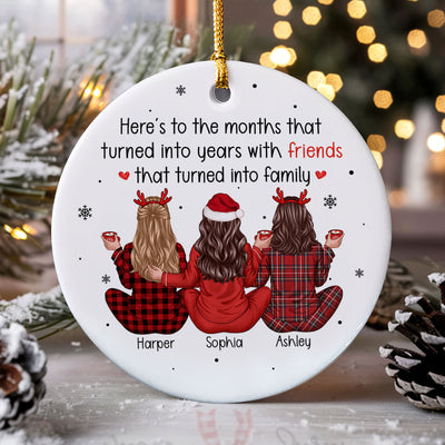 Back View Pajamas Besties Months Turned to Years, Friends Turned to Family Personalized Ceramic Ornament, Christmas Gift For Besties, Best Friends, BFF